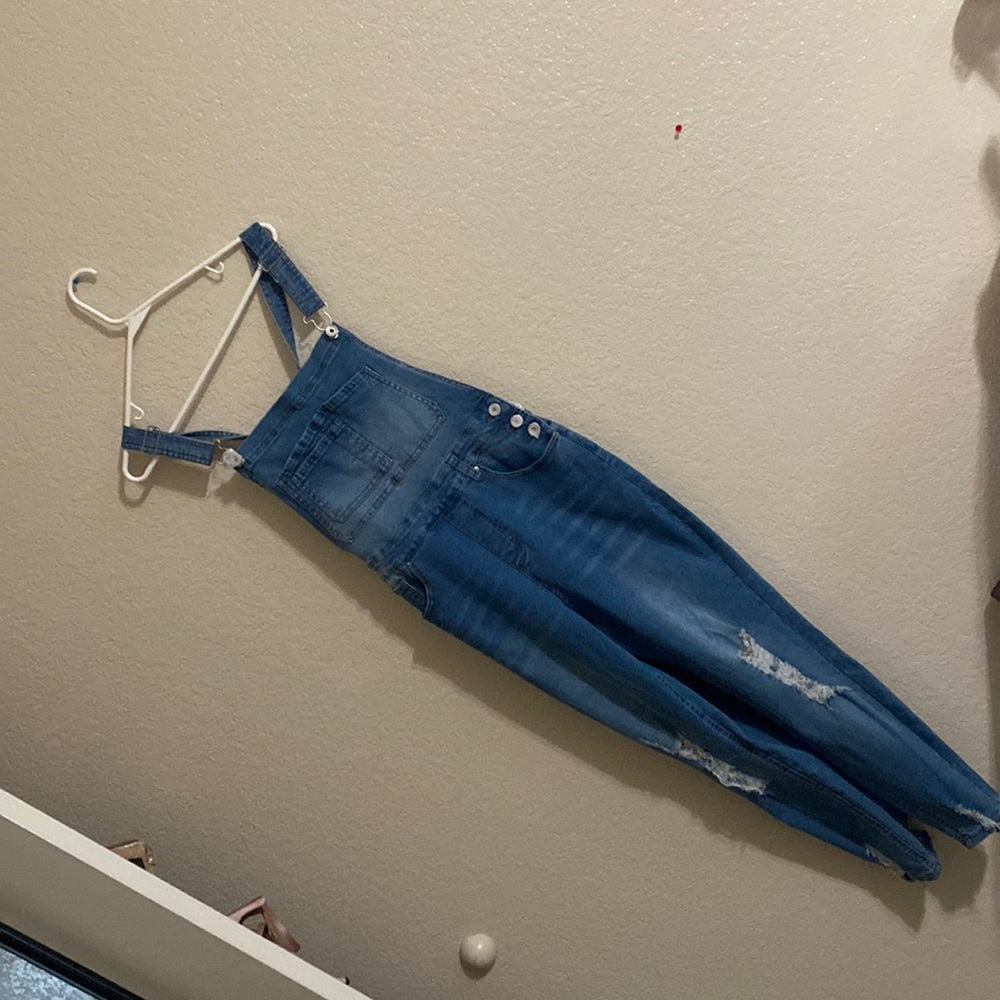Because 5/$20 New cute blue Jean overalls with rips